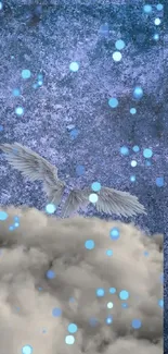 Mystical blue fantasy wallpaper with clouds and wings.