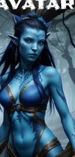 Mystical blue-skinned warrior in a forest fantasy setting.