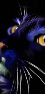 Close-up of a blue cat with a luminous eye against a dark background.