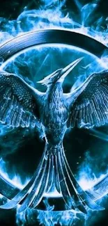 Blue fire bird with wings spread, in a mystical and fiery design.