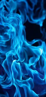 Vibrant blue flames creating a mystical and abstract design on a dark background.