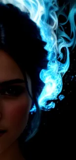 Mystical woman with blue flame in vibrant, artistic design.