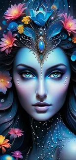 Mystical blue fantasy portrait with vibrant flowers.