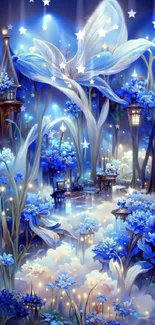 A mystical blue flower garden with glowing lights and elegant fantasy style.