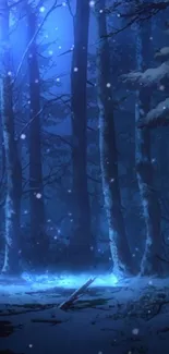 Snow falling in a mystical blue forest under moonlight.