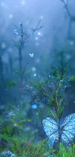 Mystical blue forest with butterflies glowing softly at night.