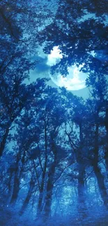 Mystical blue forest with moonlit sky.