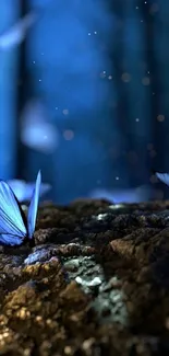 Blue butterflies glow in a mystical forest setting at night.