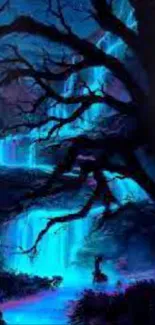 Mystical blue waterfall in a dark, enchanted forest setting.