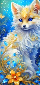 Mystical blue fox surrounded by golden flowers and butterflies.