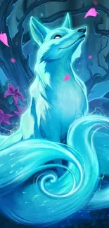 Mystical blue fox sitting in enchanted forest with glowing aura.