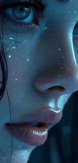 Close-up of a mystical blue-eyed digital face with sparkling details.
