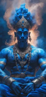 Ethereal blue genie with smoke aura, mystical ambiance.