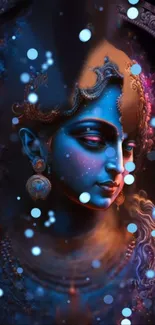 Mystical blue goddess art with vibrant floating lights.