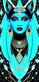 Mystical blue goddess art wallpaper with cyan and celestial design.