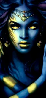 Mystical woman in blue with gold accents on a mobile wallpaper.