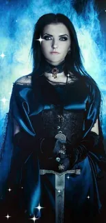 Gothic figure with sword and blue aura mobile wallpaper.