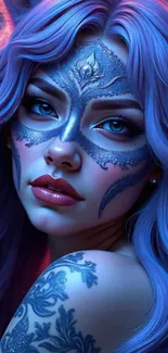 Mystical woman with blue hair and face art.
