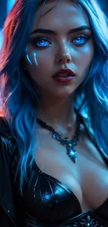Blue-haired fantasy character in vibrant neon lights.