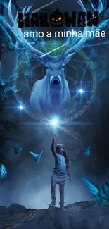 Girl reaches for glowing deer in mystical blue forest.