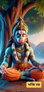 Meditative Hanuman in serene landscape.