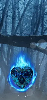 Blue heart with flames in a mystical forest setting.