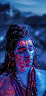 Vibrant spiritual warrior with intricate design and blue background.