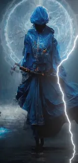 Mystical blue hooded figure stands amidst lightning.