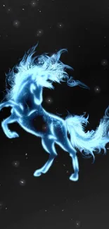 Glowing blue mystical horse on black background.