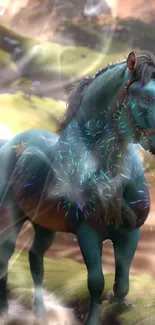 Mystical blue horse with sparkles in a fantasy setting.