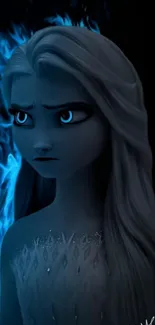 A mystical ice queen in icy blue hues with a dark background.