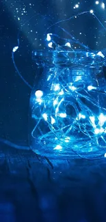 Mystical blue jar with glowing lights under a starry night sky.