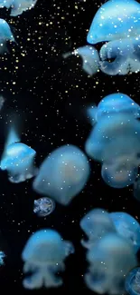 Mystical blue jellyfish with glowing effect and starry background.