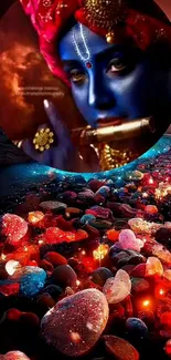 Vibrant Krishna portrait with colorful stones.