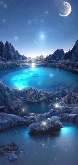 Mystical blue lake under moonlit sky.