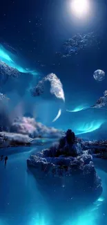 Mystical blue landscape with glowing night sky and mountains.