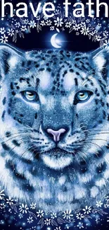 Mystical blue leopard surrounded by flowers and moon on a dark background.