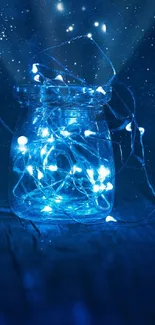 Jar with glowing lights on a dark blue night background.