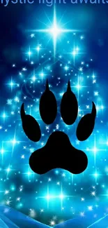 Mystical blue light with paw print and stars on phone wallpaper.