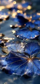 Mystical blue lily pads on reflective water surface, capturing a serene scene.
