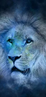 Mystical blue lion art with cosmic background.