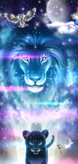 Mystical blue lion in a cosmic night sky with stars and celestial elements.