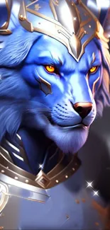 Mystical blue lion with golden armor, fantasy art.