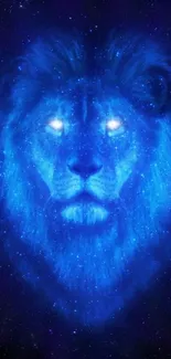 Mystical blue lion glowing in cosmic galaxy on mobile wallpaper.