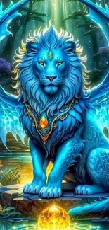 Majestic blue lion with wings in fantasy art.