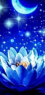 Blue lotus under starry night sky wallpaper.