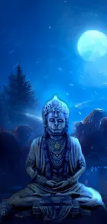 Mystical blue wallpaper with meditating deity under moonlight.