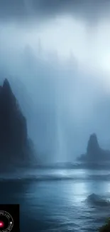 Mystical blue mist over a serene water landscape with rocky formations.