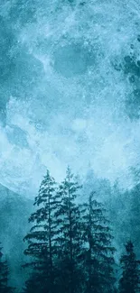 Mystical blue moon over forest silhouette mobile wallpaper.