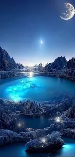 Mystical blue lake under a moonlit sky.